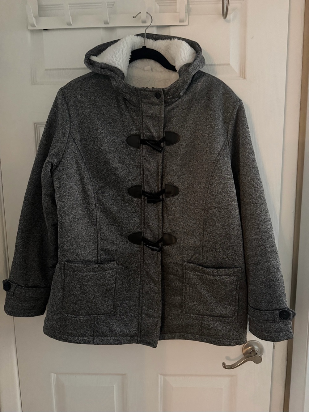 Women's Hooded Gray Toggle Pea Coat with Sherpa Lining